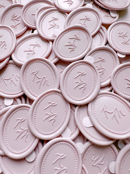 Oval border design monogram wax seal stickers in color dusty nude with adhesive backings 