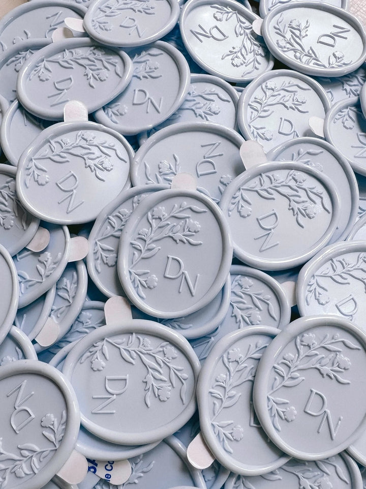 Light blue custom initials floral monogram pre-made wax seal stickers 