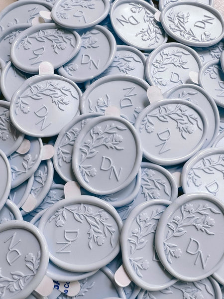 Light blue custom initials floral monogram pre-made wax seal stickers 