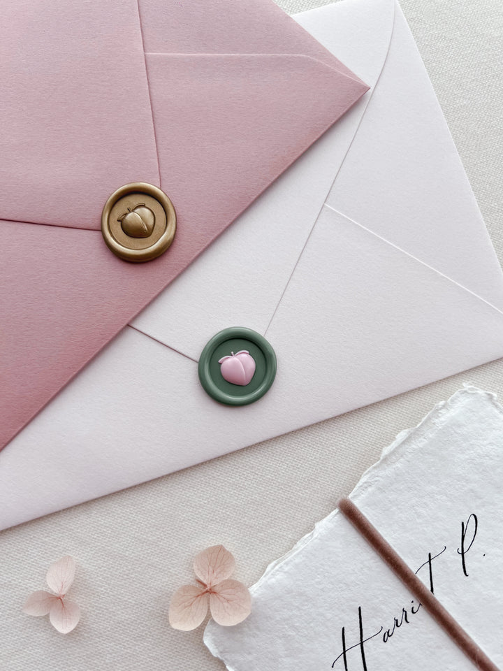 peach emoji mini wax seals in color gold and green 