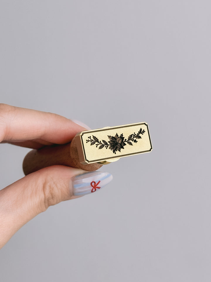Christmas poinsettia floral garland rectangular brass wax seal stamp head with a wooden handle 