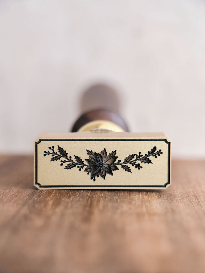 Christmas poinsettia floral garland rectangular brass wax seal stamp head with a wooden handle 