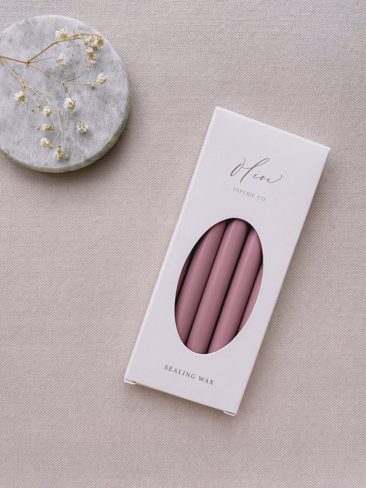 a box of 5 sealing wax sticks in mulberry dusty rose color_side angle