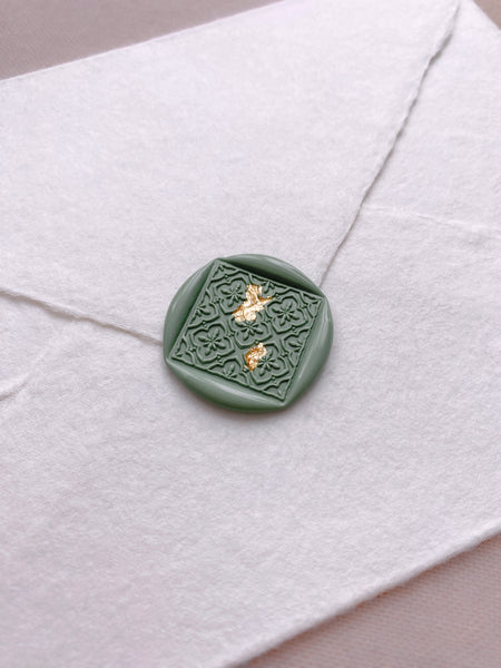 Square talavera tile pattern wax seal in sage green on white handmade envelope
