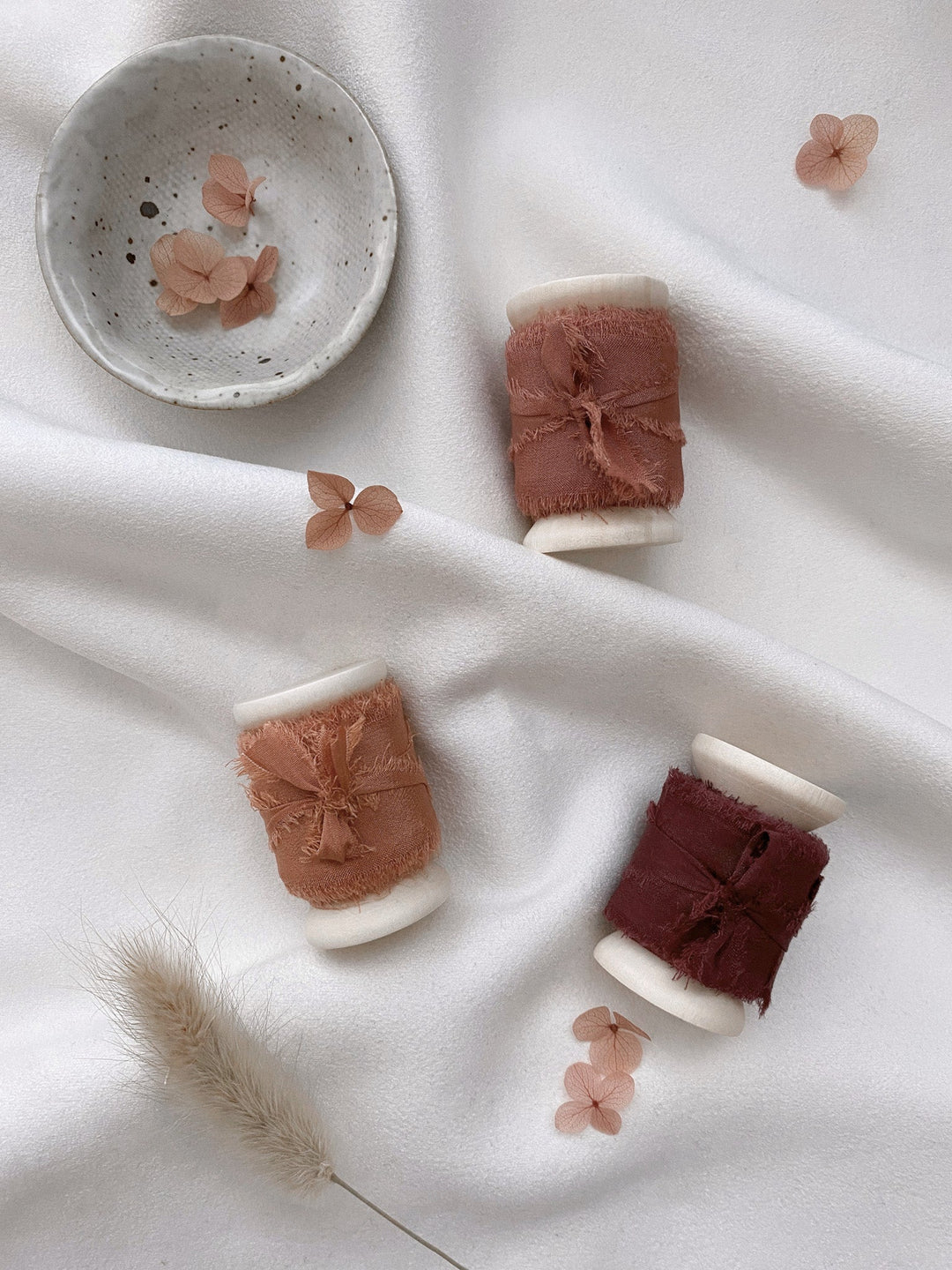 Raw edge 1 inch silk ribbon set of 3 in color Clay, Terracotta, and Wine