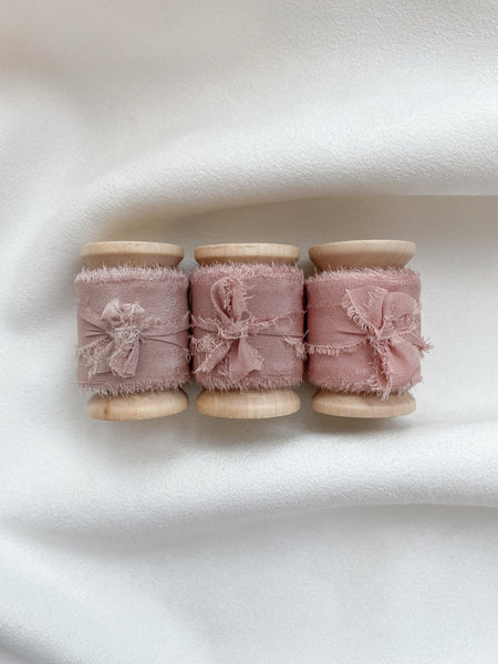 Raw edge 1 inch silk ribbon set of 3 in color Pale Mauve, Dusty Blush and Blush