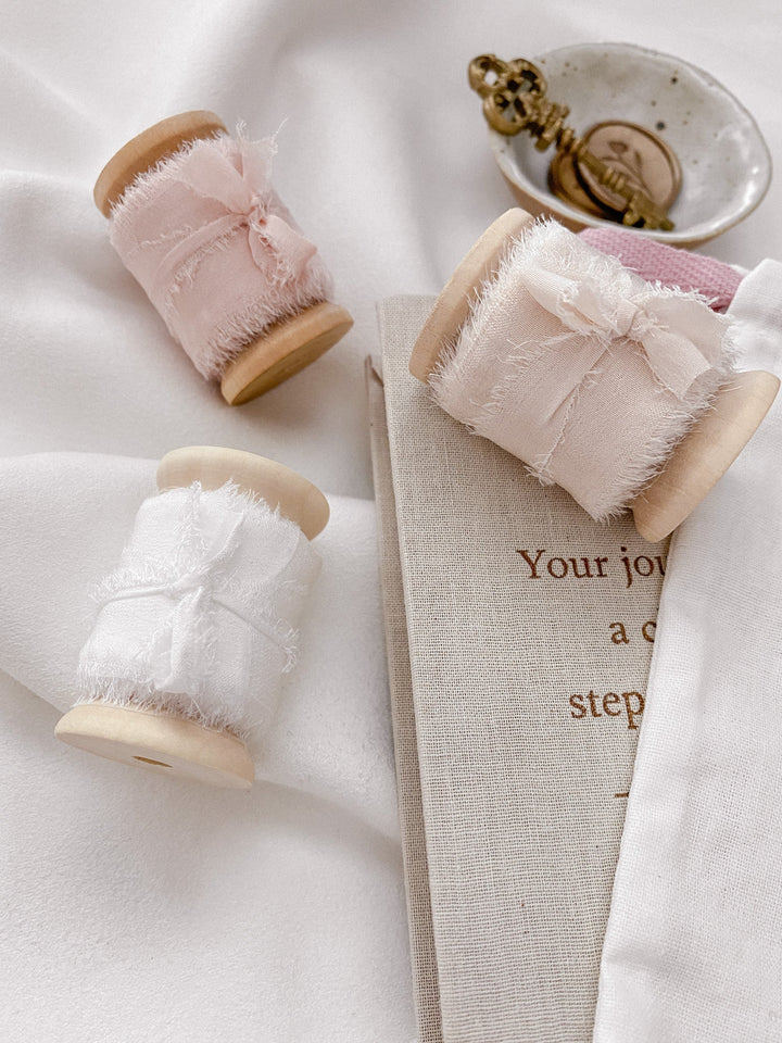 Raw edge 1 inch silk ribbon set of 3 in color Soft White, Cream White, and Nude