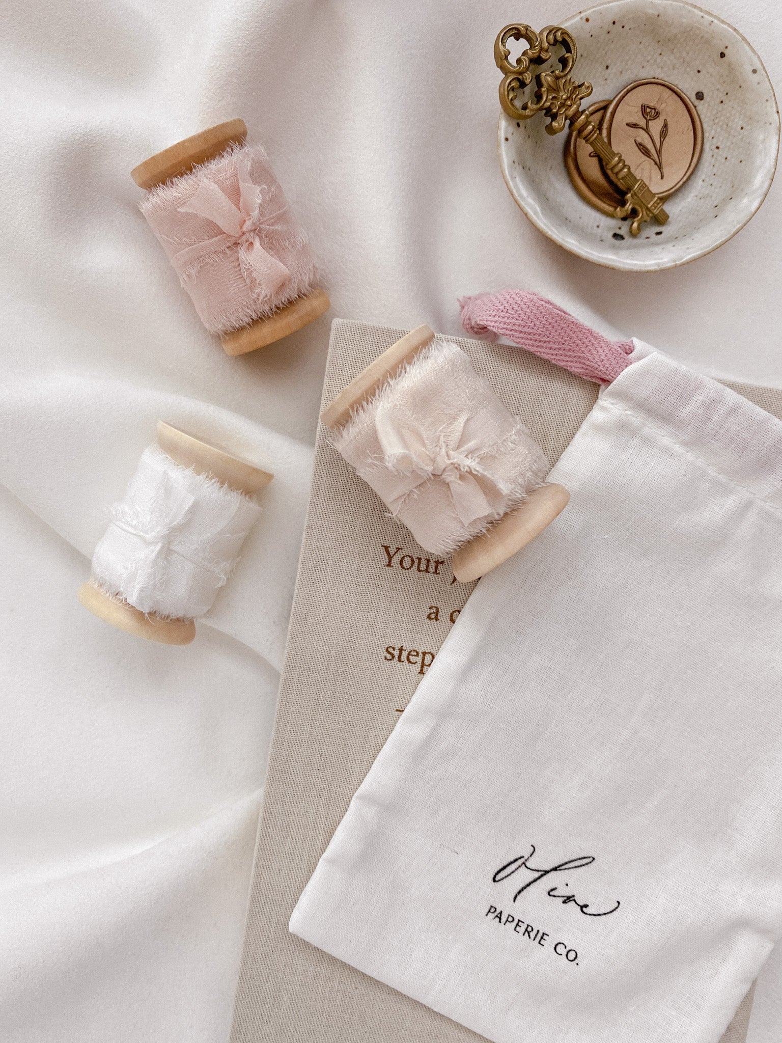 Raw edge 1 inch silk ribbon set of 3 in color Soft White, Cream White, and Nude