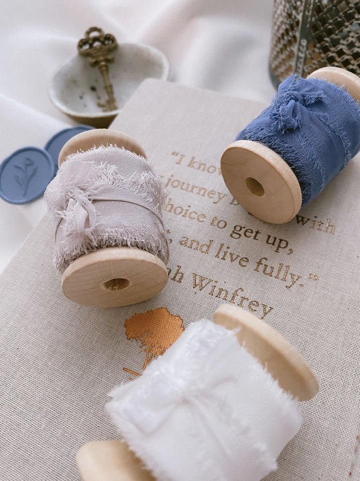 Raw edge 1 inch silk ribbon set of 3 in color Soft White, Nude Grey, and French Blue