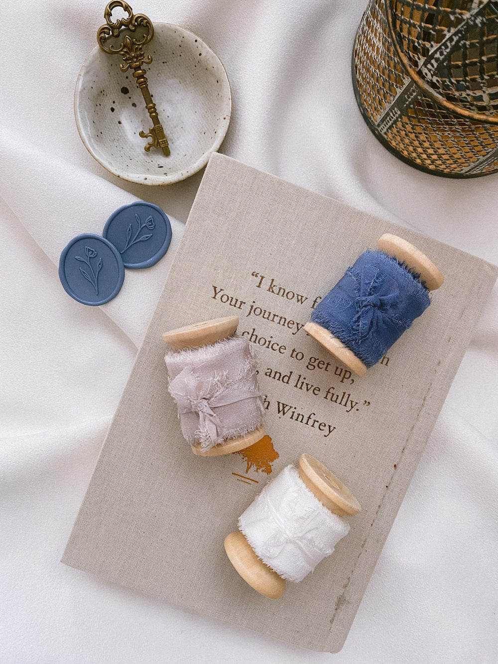 Raw edge 1 inch silk ribbon set of 3 in color Soft White, Nude Grey, and French Blue