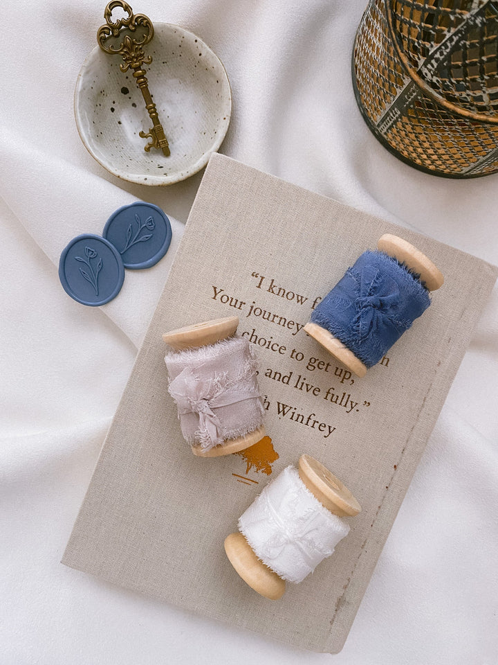 Raw edge 1 inch silk ribbon set of 3 in color Soft White, Nude Grey, and French Blue