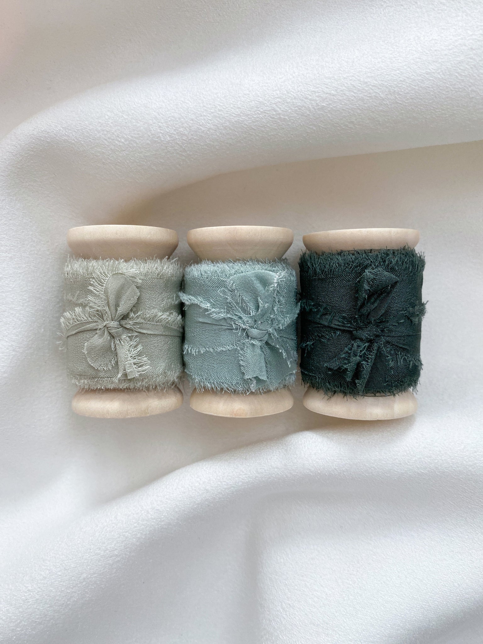 Raw edge 1 inch silk ribbon set of 3 in color Sage, Lake Green, and Forest Green