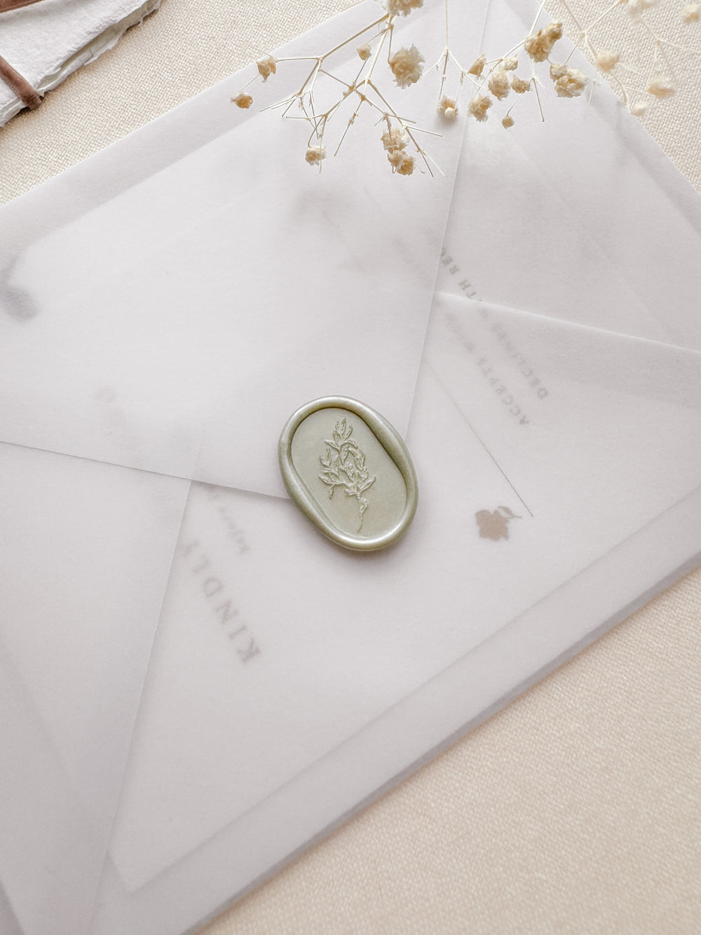 oval botanical leaf branch sage green wax seal