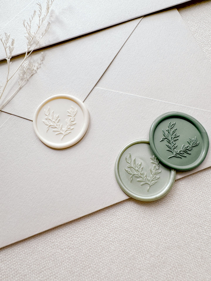 botanical leaf wax seals in color off-white, pale metallic green and sage green