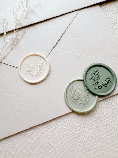 botanical leaf wax seals in color off-white, pale metallic green and sage green