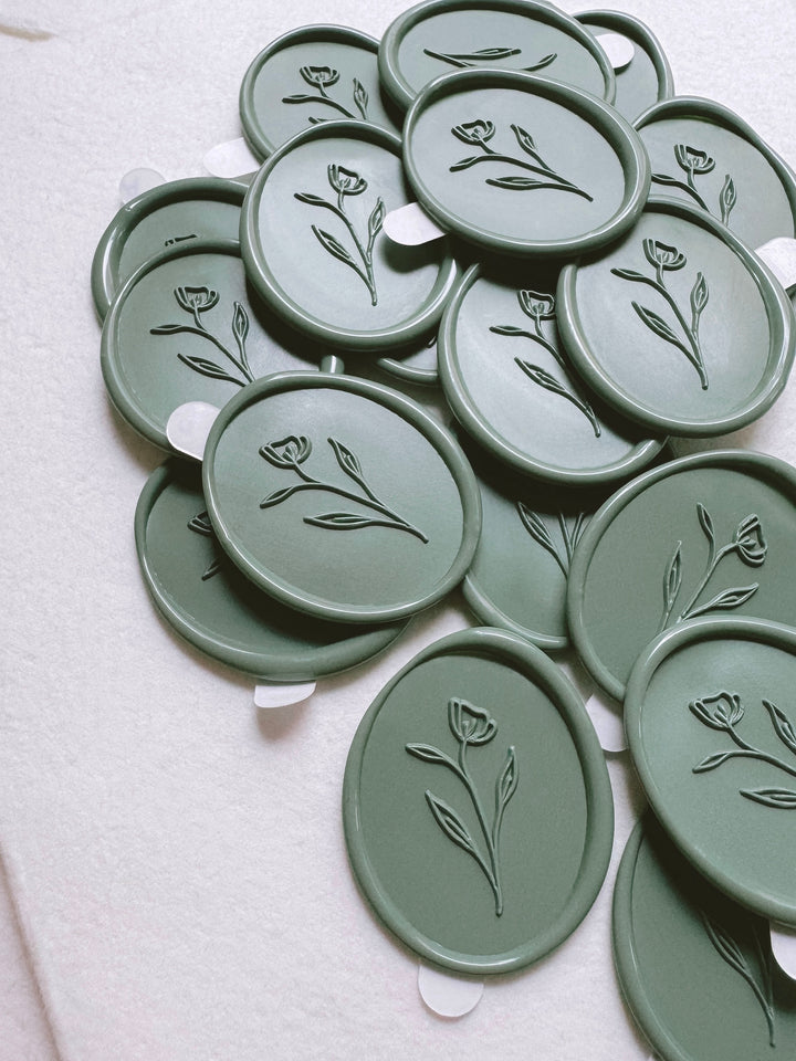 Sage green simple flower oval wax seals with adhesive backings
