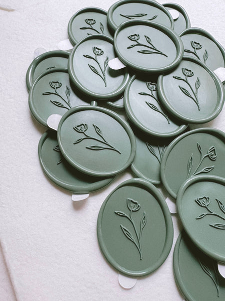 Sage green simple flower oval wax seals with adhesive backings