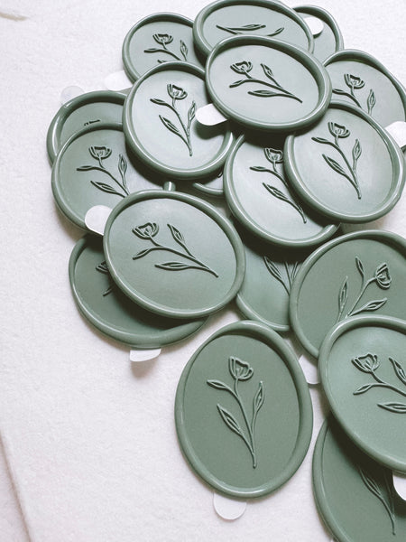 Simple flower oval wax seal stickers in sage green color