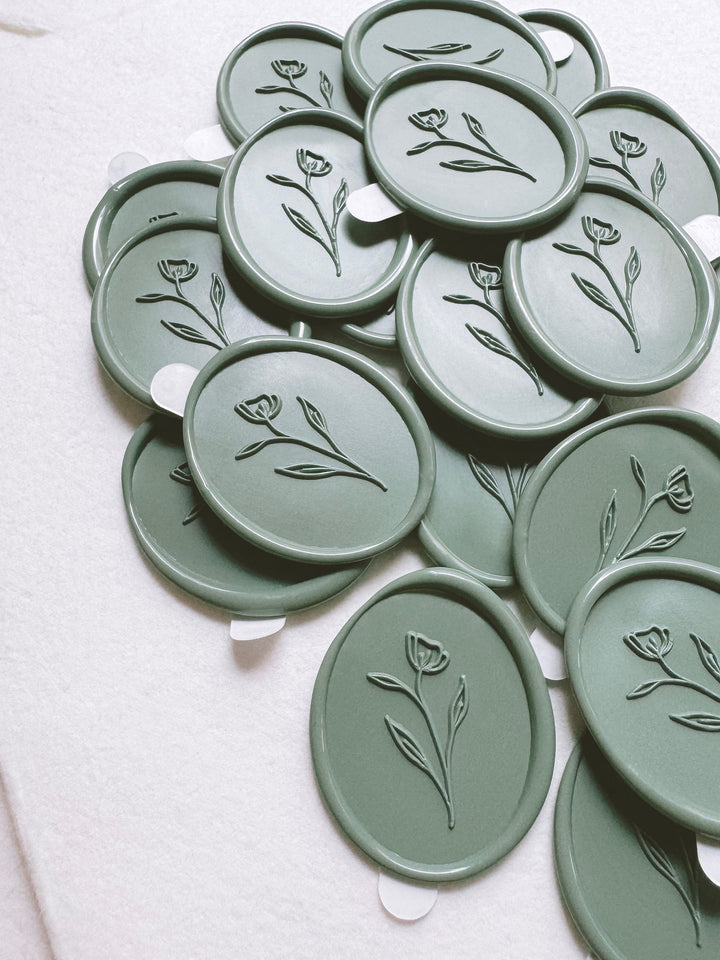 Simple flower oval wax seal stickers in sage green color