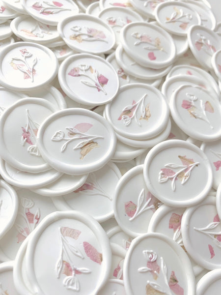 Simple flower oval wax seals in white with blush dried flower petals