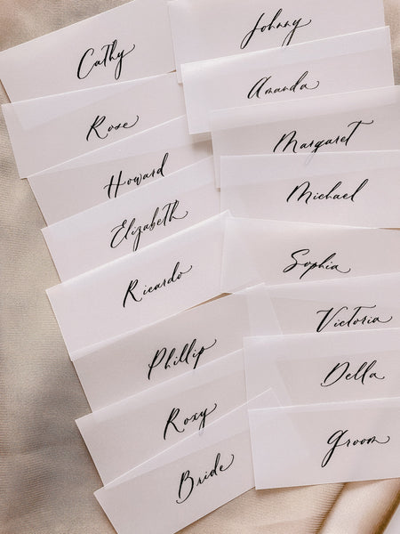 slim vellum place cards in hand lettered calligraphy in black ink_front angle