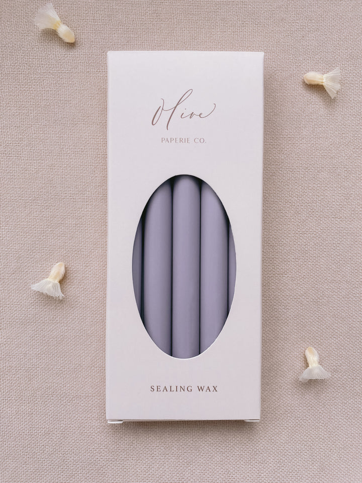 a box of 5 lavender colored sealing wax sticks_front angle