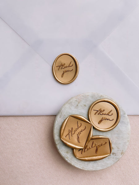 Thank you wax seals in oval, round, diamond and rectangle shapes in gold