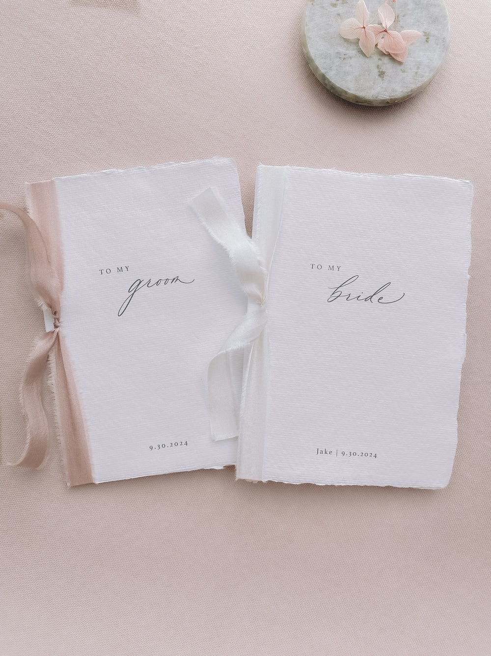 Set of two to my groom to my bride white wedding vow books tied in pink and off-white silk ribbons