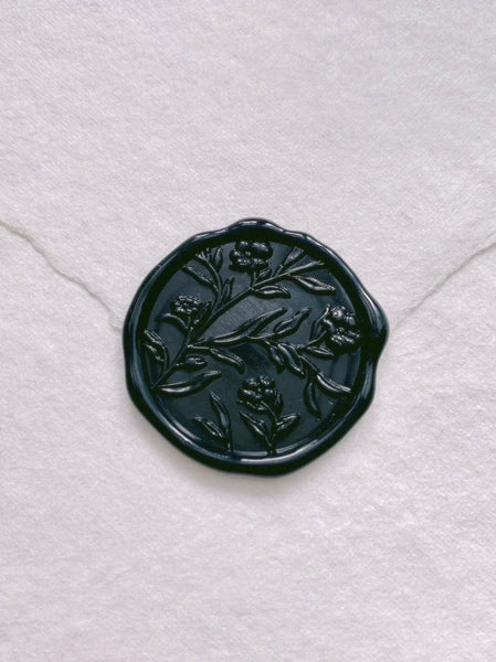 Scarlette 3D floral wax seal in black color on handmade paper envelope 