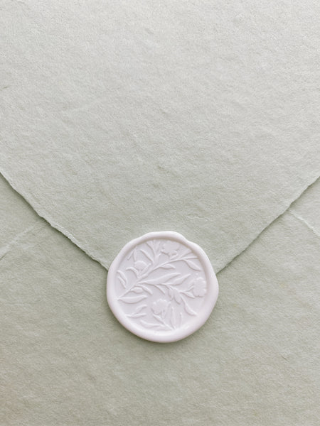 Scarlette 3D floral wax seal in soft white on handmade paper envelope