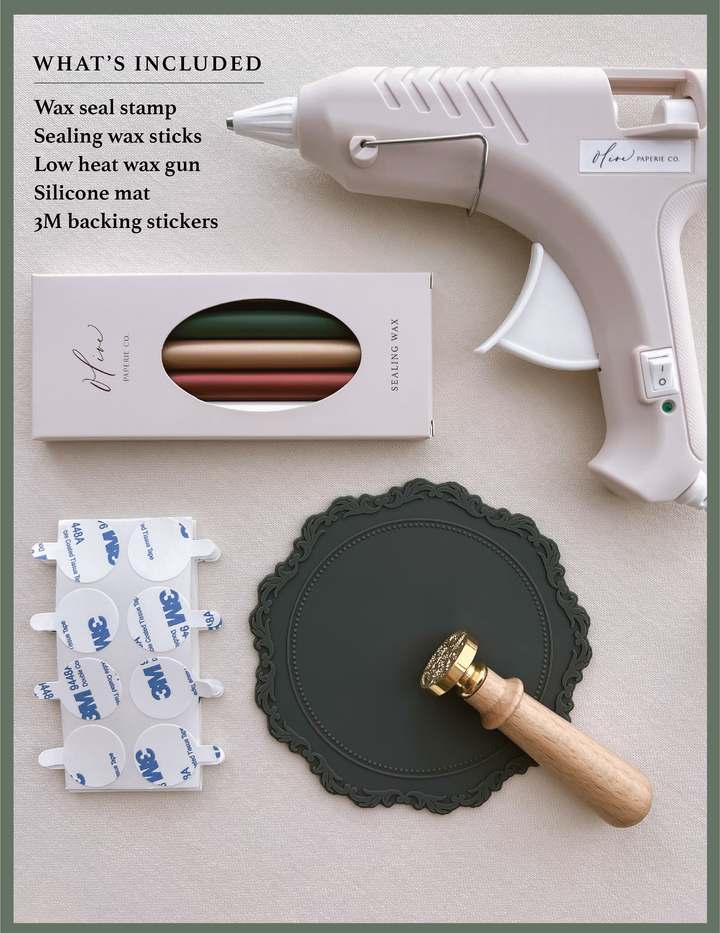 wax seal stamp, gray silicone mat, festive colored sealing wax sticks sampler, low temperature sealing wax gun, 3D adhesive backings