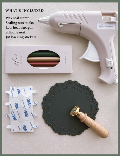 wax seal stamp, gray silicone mat, festive colored sealing wax sticks sampler, low temperature sealing wax gun, 3D adhesive backings